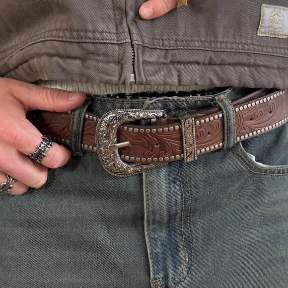 y2k western brown studded floral cowboy boho belt - Picture 9 of 11